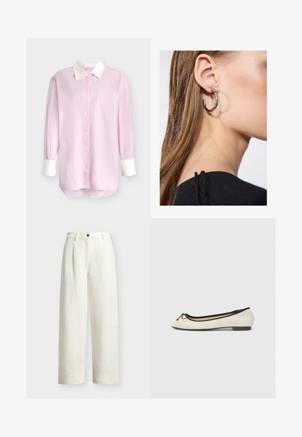 Chemise à manches longues à rayures verticales roses et blanches avec col blanc, poignets blancs, boutonnage sur le devant et poche poitrine avec bouton.; Pantalon large taille haute couleur crème en tissu texturé, fermeture devant par boutons, passants de ceinture et poches latérales.; Ballerine en textile beige avec une bordure noire. Affiche un bout arrondi et un petit nœud en accent sur le devant. Semelle basse.; Boucle d'oreille en argent avec une finition polie, présentant de petits détails en or et de forme ronde, portée sur le lobe.