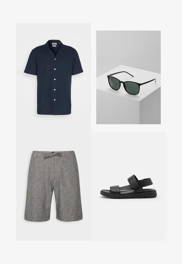 Chemise à manches courtes bleu marine à boutons en tissu léger, avec un col, six boutons blancs et une coupe décontractée.; Shorts gris en tissu texturé avec un motif tissé, taille élastique avec cordon de serrage et poches latérales.; Sandales en cuir noir avec deux larges sangles, une bande de cheville réglable et une semelle en caoutchouc noir épaisse avec des rainures distinctives.; Lunettes de soleil rectangulaires noires avec des verres vert foncé, dotées d'une monture en plastique léger et d'accents argentés sur les branches.