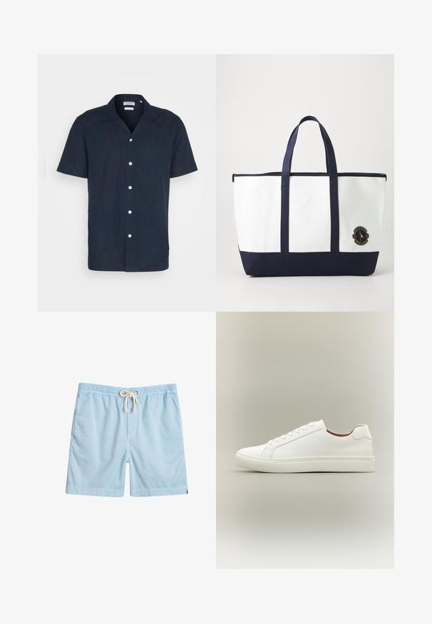 Camisa de botones azul marino de manga corta en un tejido ligero, con cuello, seis botones blancos y un diseño de corte relajado.; Bañador azul claro de tejido suave, con cintura elástica, bolsillos frontales y cordón de ajuste para mayor comodidad.; Zapatilla blanca de corte bajo con cierre de cordones y suela plana, mostrada de perfil sobre un fondo neutro.; Bolso tote hecho de lona blanca con acentos en azul marino. Presenta dos asas resistentes y un parche de logo en la parte frontal. Forma rectangular.