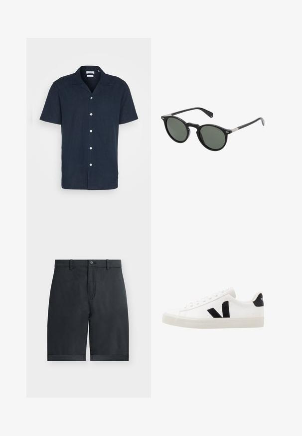 Camisa de botones azul marino de manga corta en un tejido ligero, con cuello, seis botones blancos y un diseño de corte relajado.; Pantalones cortos negros hasta la rodilla con dobladillos vuelta, cierre con botón, trabillas para cinturón y diseño frontal plano sobre un fondo blanco liso.; Zapatilla de cuero blanca con acentos de ante negro; presenta una suela de goma, puntera redonda y un diseño clásico de cordones. Logo lateral en negro.; Gafas de sol redondas negras con lentes verde oscuro, montura de plástico y detalles metálicos en las varillas. Textura suave, diseño minimalista.