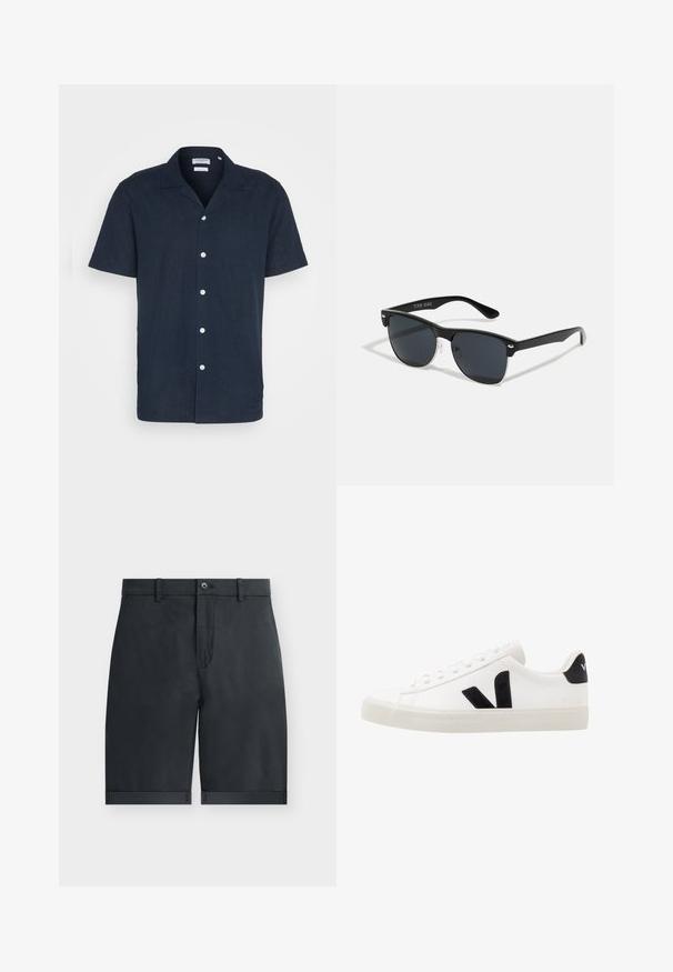 Camisa de botones azul marino de manga corta en un tejido ligero, con cuello, seis botones blancos y un diseño de corte relajado.; Pantalones cortos negros hasta la rodilla con dobladillos vuelta, cierre con botón, trabillas para cinturón y diseño frontal plano sobre un fondo blanco liso.; Zapatilla de cuero blanca con acentos de ante negro; presenta una suela de goma, puntera redonda y un diseño clásico de cordones. Logo lateral en negro.; Gafas de sol negras con forma rectangular, lentes oscuros, detalles plateados en las patillas y un acabado mate en la montura.