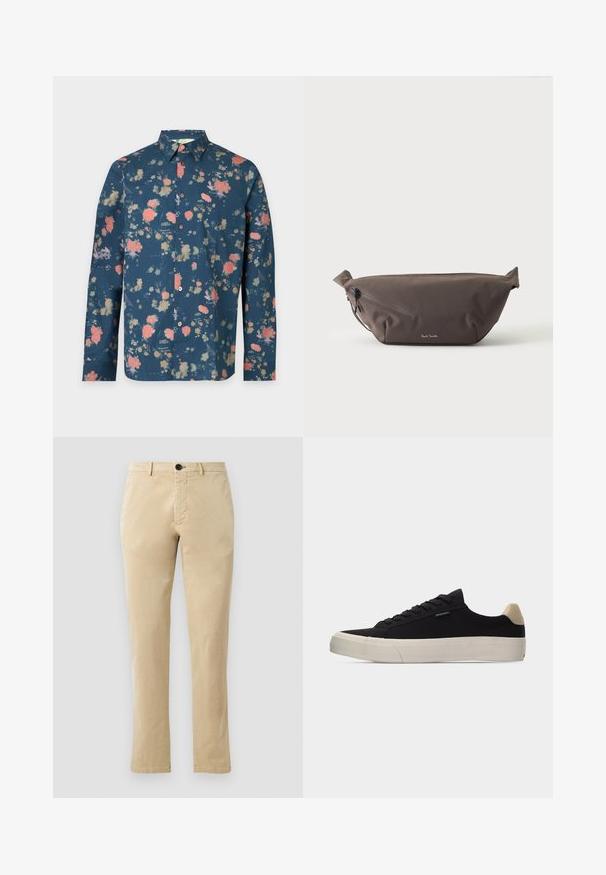 Blauw shirt met lange mouwen met roze en beige bloemenpatroon, knoopsluiting aan de voorkant en standaardkraag, getoond op een effen lichte achtergrond.; Beige katoenen chinos met een rechte pijp, voorzien van een voorknopsluiting en subtiele stiksels. Gladde textuur en geen patronen.; Zwarte lage sneaker met beige hielstuk, dikke witte rubberen zool, zwarte veters en een klein "PS Paul Smith" label aan de zijkant.; Donkerbruine stoffen heuptas met diagonale ritssluiting en klein wit logo aan de voorkant, tegen een effen lichte achtergrond.