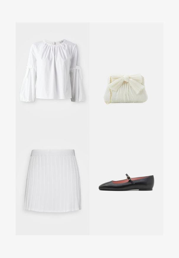 Hvid langærmet bluse lavet af bomuld, med rund halsudskæring, diskrete plisseer og bundet manchetter for en struktureret form og tekstur.; DESIGNERS REMIX MANDY MINI SKIRT - Mini skirts - white; Sorte lædersandaler med spids tå og ankelrem, der har en gylden spænde. Glat tekstur med en let blank finish.; Hvid plisseret clutch-taske med en fremtrædende sløjfedetalje og en guldkædetras. Blød tekstur med et samlet design på forsiden.