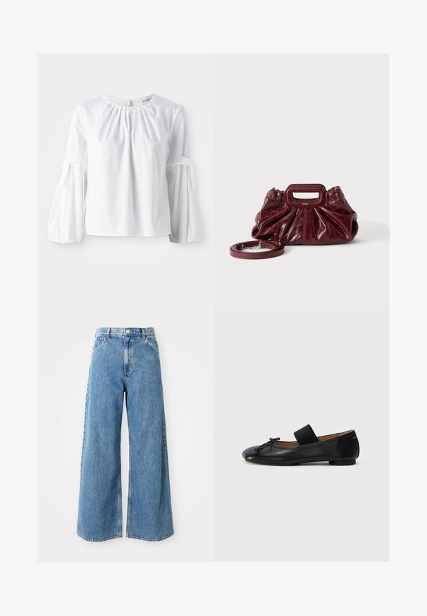 Blusa blanca de manga larga hecha de algodón, con cuello redondo, pliegues sutiles y puños atados para una forma y textura estructuradas.; Jeans de corte ancho de cintura alta en denim azul claro, con cierre frontal de botón y cremallera, y bolsillos delanteros sobre un fondo blanco.; Bailarinas de cuero negro con punta redondeada, un pequeño detalle de nudo y una correa elástica en el empeine para un ajuste seguro. Suela plana.; Pequeño bolso de mano de cuero rojo oscuro con textura fruncida, asa rectangular con recorte para la mano y correa de hombro desmontable sobre fondo blanco.