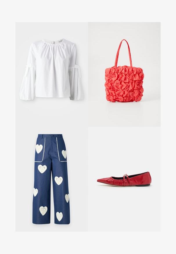 Hvid langærmet bluse lavet af bomuld, med rund halsudskæring, diskrete plisseer og bundet manchetter for en struktureret form og tekstur.; Sister Jane HEART TO HEART - Jeans Straight Leg - blue denim; Røde læder balletflade med spids tå, dekorativ spænde rem og samlet tekstur langs kanten. Flad sål, minimalistisk design.; Koralfarvet tote bag med en tekstureret, samlet design. Lavet af blødt stof, med to robuste håndtag og et rummeligt indre.