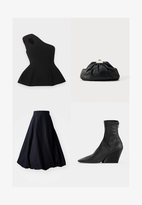 Haut noir asymétrique sans manches avec une découpe près de l'épaule et un ourlet évasé en bas de style péplum, posé à plat sur un fond clair.; By Malene Birger AUBREY - Jupe longue - black; Bottine en cuir noir à bout pointu, talon bloc haut incliné et fermeture éclair arrière sur fond clair uni.; Pochette en cuir noir avec une texture plissée, fermeture à fermoir métallique, et logo embossé discret sur le devant. Forme arrondie.