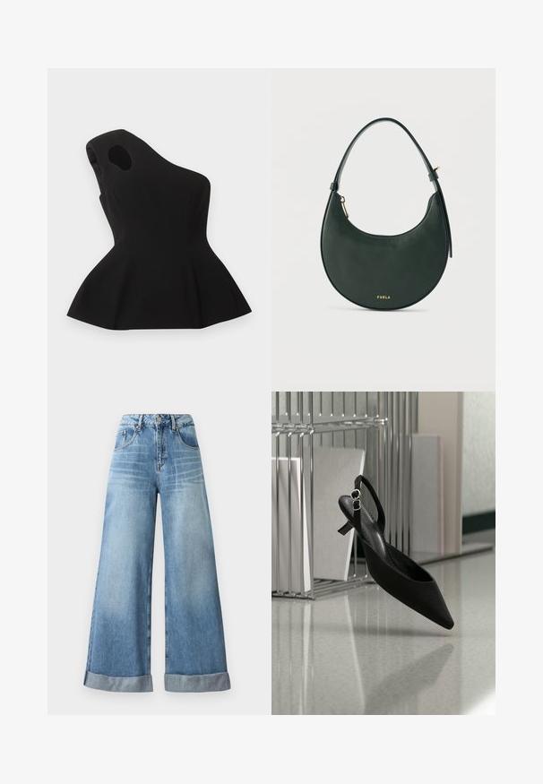 Haut noir asymétrique sans manches avec une découpe près de l'épaule et un ourlet évasé en bas de style péplum, posé à plat sur un fond clair.; Jeans en denim bleu clair à jambe large avec taille haute, dotés d'une fermeture à bouton, de cinq poches et de revers au bas.; Chaussure noire à bout pointu, talon kitten et bride arrière, en lévitation près d'un organiseur de dossiers en métal sur un sol réfléchissant.; Sac à main en cuir vert foncé en forme de demi-lune avec une sangle courte et une fermeture éclair dorée, orné d'un petit logo "FURLA" en or au centre avant.