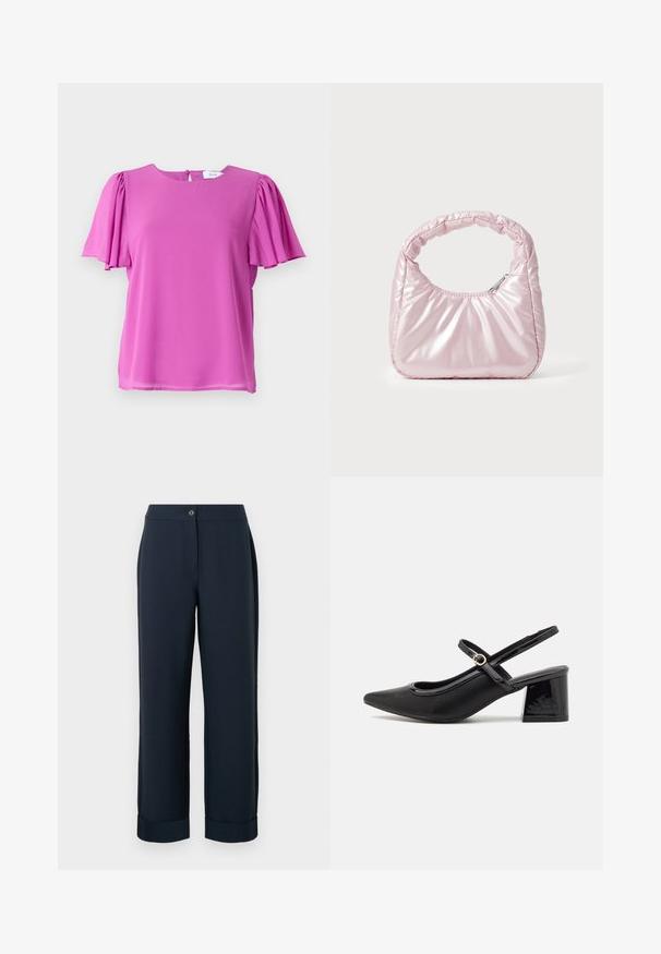 Haut rose à manches courtes avec un col rond et des détails de manches plissées, fabriqué en tissu léger. Fermeture par bouton au dos.; Pantalons ajustés bleu marine à coupe droite, dotés d'une fermeture à bouton et de ourlets retroussés, fabriqués dans un tissu lisse et léger.; Escarpins slingback en cuir verni noir avec un embout pointu, un design à découpes arrondies et un talon carré. Présente un accent de boucle en ton doré.; Sac à main rose rembourré avec un design arrondi, fabriqué à partir d'un matériau brillant. Dispose d'une poignée froncée et d'une fermeture éclair pour un accès sécurisé.