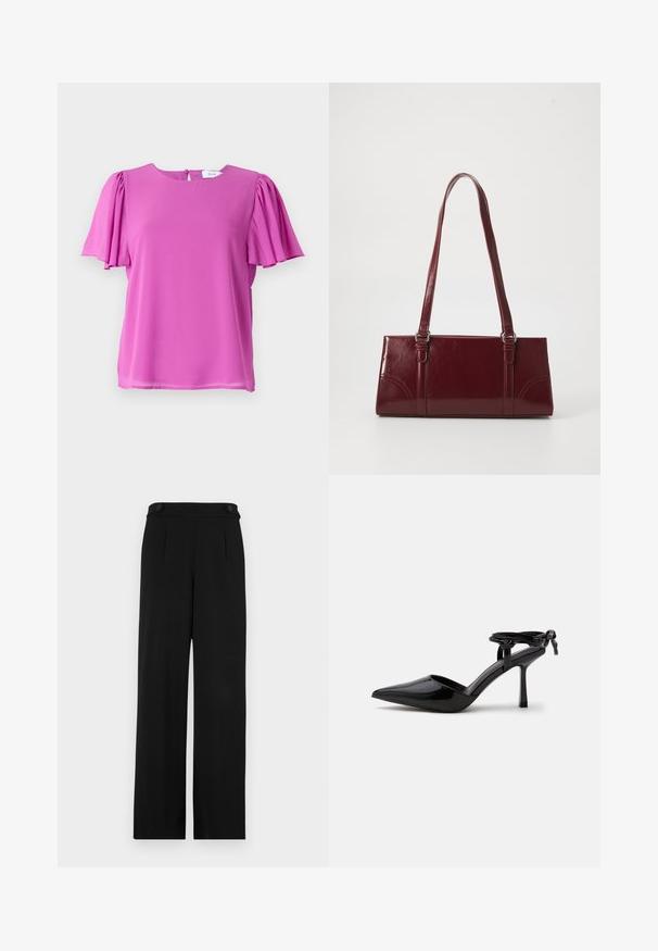 Rosa T-Shirt mit kurzen Ärmeln und Rundhalsausschnitt, versehen mit plissierten Ärmeldetails, aus leichtem Stoff gefertigt. Rückseitiger Knopfverschluss.; Schwarze weite Hosen mit flacher Vorderseite, zwei Knöpfen am Bund und einem glatten Stofftextur. Maßgeschneiderte Passform mit Falten für die Form.; Schwarzer Lackleder-Pumps mit spitzer Zehenpartie und Knöchelriemen, hinten zu einem Knoten gebunden, gezeigt auf weißem Hintergrund.; Burgunderfarbene Handtasche aus glänzendem Material, rechteckige Form, mit zwei Schulterriemen und subtilen, geschwungenen Akzenten an der Vorderseite.