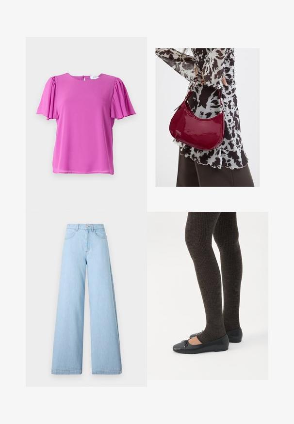 Rosa T-Shirt mit kurzen Ärmeln und Rundhalsausschnitt, versehen mit plissierten Ärmeldetails, aus leichtem Stoff gefertigt. Rückseitiger Knopfverschluss.; Hellblaue weit geschnittene Jeans aus Denim, mit hoher Taille, Fronttaschen und sauberen Säumen mit minimalem Nähdetail.; Beine in dunklen, gerippten Leggings kombiniert mit schwarzen Ballerinas mit kleinen Schleifendetails auf weißem Hintergrund.; Frau trägt eine schwarz-weiß gemusterte Bluse und hält eine glänzende rote Schultertasche vor einem einfarbigen Hintergrund.