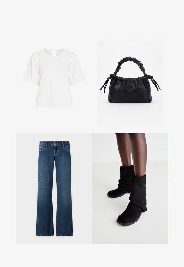 Weiße Bluse mit strukturiertem Stoff, rundem Ausschnitt, kurzen Puffärmeln und kleinem Knopfverschluss am Rücken.; Blaue Straight-Leg-Jeans mit vorderen Taschen, Gürtelschlaufen, Knopfverschluss und sichtbaren Nähten auf einfachem hellem Hintergrund.; Schwarze Wildleder-Ankle Boots mit einem lässigen Design, flacher Sohle und quadratischer Zehenpartie, präsentiert auf dunklen Beinen vor einem hellen Hintergrund.; Schwarze Handtasche mit Krokodilstruktur, gerafftem oberen Rand, zusammengezogenem Griff und Zugkordeln mit Quasten an jeder Seite vor weißem Hintergrund.