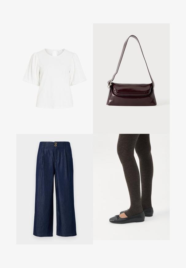 Blouse blanche en tissu texturé, encolure ronde, manches courtes bouffantes et petite fermeture à bouton en forme de goutte d’eau au dos.; Pantalon en denim à jambes larges bleu foncé avec fermeture à deux boutons à l'avant, doté de plis, d'une texture lisse et d'un ourlet droit.; Jambes portant des leggings côtelés foncés associés à des ballerines noires avec de petits détails en nœud sur fond blanc.; Sac à bandoulière en cuir bordeaux foncé avec fermeture à rabat et une fine sangle réglable, présenté sur un fond clair uni.