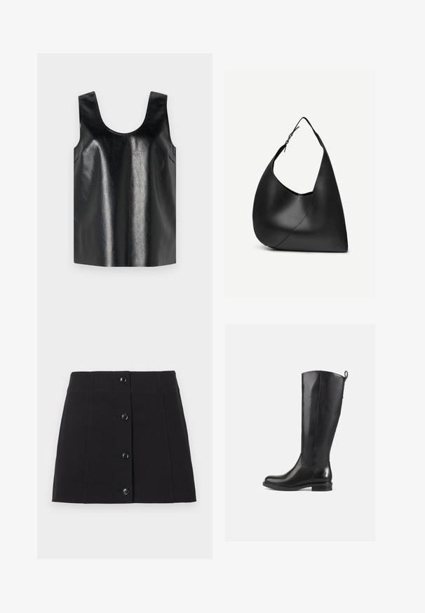 Top sans manches noir en matériau brillant et texturé, avec un col rond et des poches latérales, arborant un design minimaliste.; Mini-jupe boutonnée noire en coton, avec une coupe droite, six boutons noirs sur le devant, et une texture lisse.; Bottes en cuir noir jusqu'au genou avec une finition lisse, bout rond, talon bas et une languette à l'arrière. Design minimaliste sans motifs visibles.; Sac à épaule en cuir noir avec forme triangulaire incurvée, une seule sangle ajustable, et une couture diagonale visible à l'avant.