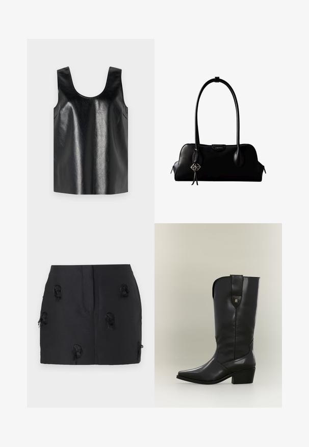 Sort ærmeløs top lavet af skinnende, struktureret materiale med rund halsudskæring og sidelommer, med et minimalistisk design.; Sort nederdel med en tætsiddende design og teksturerede, frynset detaljer spredt over stoffet. Glat materiale uden synlige lukninger.; Høj sort læder cowboystøvle med spids tå, kraftig hæl og trækstrop med lille gyldent logo.; Sort lædertaske fra Calvin Klein med lange håndtag, en forside-logo-tag og en sølv geometrisk vedhæng, der hænger fra det ene håndtag.