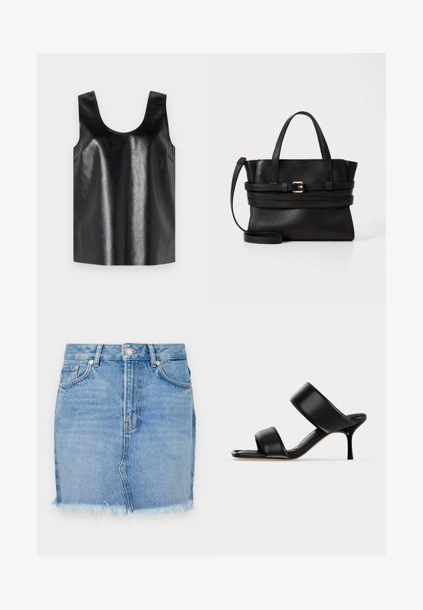 Top sans manches noir en matériau brillant et texturé, avec un col rond et des poches latérales, arborant un design minimaliste.; Jupe en denim bleu avec une coupe ajustée, ourlet brut et poches avant classiques. Texture lisse avec un léger dégradé pour un look décontracté.; Sandale mule en cuir noir avec deux larges brides et un talon stiletto fin de hauteur moyenne sur un fond clair uni.; Sac à main en cuir noir avec un design structuré, deux poignées supérieures, une bandoulière amovible et un accent de boucle dorée sur une bande horizontale.