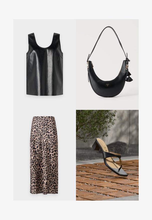 Top sans manches noir en matériau brillant et texturé, avec un col rond et des poches latérales, arborant un design minimaliste.; Jupe en satin imprimé léopard avec taille haute, silhouette longueur genoux, texture brillante et design fluide.; Sandale noire à talon avec boucle pour l'orteil et accent doré, placée sur une surface pavée en bois et pierre en extérieur près de la verdure.; Sac à épaule noir en forme de croissant avec surface texturée, fermeture éclair dorée, breloque pompon et petit logo triangulaire Guess au centre devant.