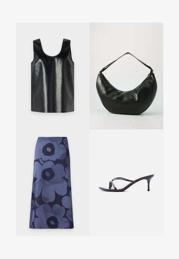 Zwarte mouwloze top van glanzend, gestructureerd materiaal met een ronde halslijn en zijzakken, met een minimalistisch ontwerp.; Midi-jurk met bloemenprint met grote donkerblauwe bloemen op een lichterblauwe achtergrond; de stof lijkt glad met een licht glanzende textuur.; Zwarte laklederen sandaal met hakken, dunne gekruiste bandjes en een slanke, middelhoog stilettohak op een witte achtergrond.; Zwarte leren schoudertas met een gebogen vorm, zachte textuur en een enkele schouderband; beschikt over een gouden rits en subtiele branding.