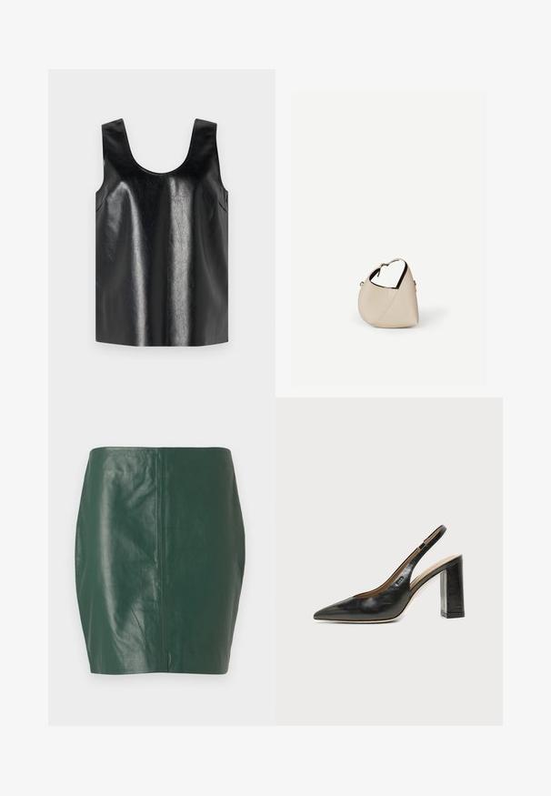 Top negro sin mangas hecho de un material brillante y texturizado, con un escote redondo y bolsillos laterales, presentando un diseño minimalista.; Minifalda de cuero verde con una textura suave y forma ajustada. Presenta un diseño sin costuras y sin cierres o herrajes visibles.; Zapato slingback de piel negra con puntera puntiaguda, tacón alto y ancho, y forro interior beige sobre un fondo claro y liso.; Bolso de cuero beige en forma de media luna con una sola correa para el hombro y costuras mínimas, colocado sobre un fondo blanco liso.