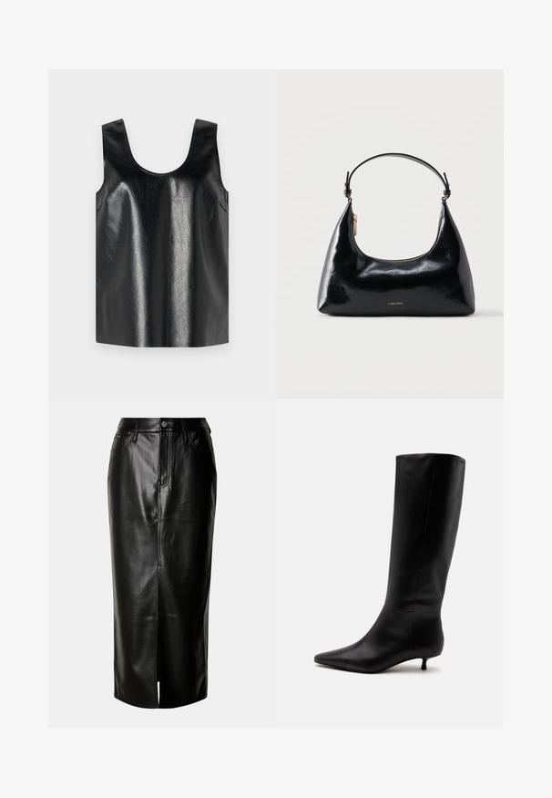Top negro sin mangas hecho de un material brillante y texturizado, con un escote redondo y bolsillos laterales, presentando un diseño minimalista.; Falda midi de cuero negro con corte recto, abertura frontal y diseño clásico de cinco bolsillos con acentos de hardware metálico.; Bota alta de cuero negro hasta la rodilla con puntera puntiaguda y tacón bajo tipo kitten sobre un fondo claro y liso.; Bolso negro brillante de Calvin Klein con cremallera dorada y correa corta sobre un fondo blanco liso.