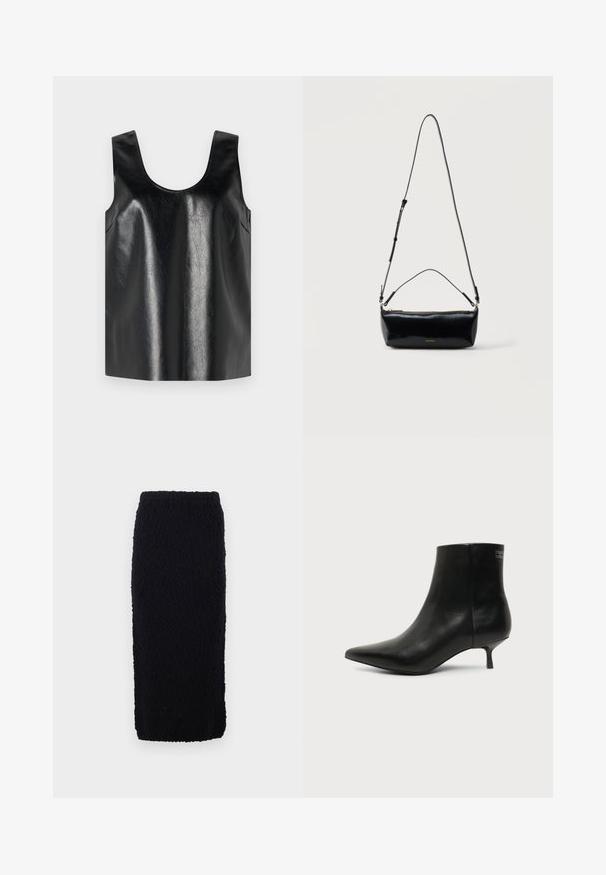 Top sans manches noir en matériau brillant et texturé, avec un col rond et des poches latérales, arborant un design minimaliste.; Jupe noire en tricot, longueur genou, avec une surface texturée et une coupe droite. La taille est élastiquée pour le confort.; Bottine en cuir noir avec bout pointu et petit talon kitten sur fond clair, vue côté extérieur.; Sac bandoulière rectangulaire en cuir noir avec bandoulière ajustable, fermeture éclair sur le dessus et petit logo Calvin Klein doré sur le devant.