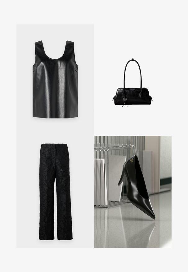 Top sans manches noir en matériau brillant et texturé, avec un col rond et des poches latérales, arborant un design minimaliste.; Pantalon noir avec un motif floral texturé, fabriqué dans un matériau doux, présentant une coupe ample à jambes larges et une taille haute.; Chaussure noire à talon haut avec bout pointu et logo doré, posée sur une surface réfléchissante près d'un organiseur de dossiers en fil chromé contenant des documents.; Sac à épaule en cuir noir à texture crocodile, avec de longues sangles et un petit charm logo argenté sur une sangle.