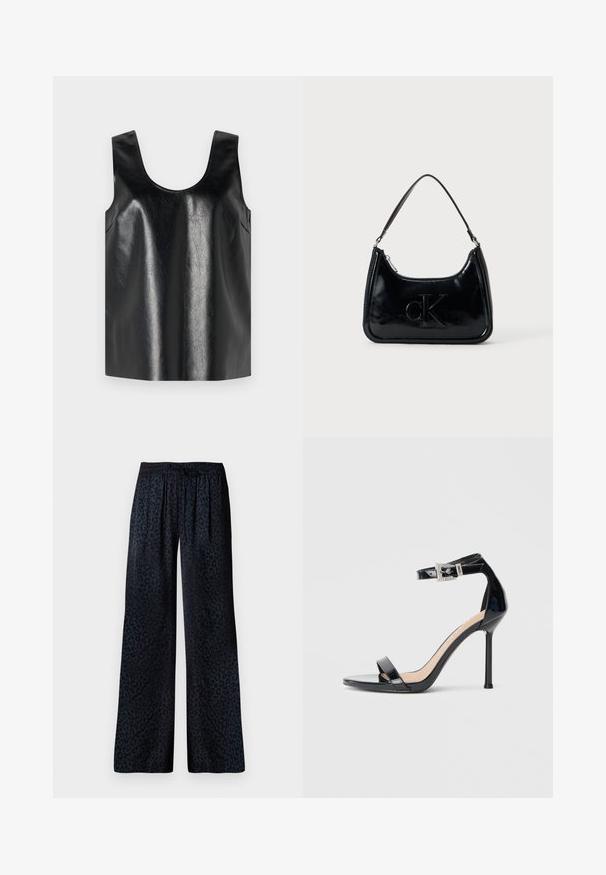 Sort ærmeløs top lavet af skinnende, struktureret materiale med rund halsudskæring og sidelommer, med et minimalistisk design.; Breddebenede bukser i mørkt stof med et subtilt sort leopardmønster, en elastisk talje og en behagelig drapering.; Sort højhælet sandal i laklæder med ankelrem. Har minimalistisk design, åben tå og spænde med rhinsten-detaljer.; Sort patentlæder håndtaske med et buet topgreb, lynlåsslukning og prægede "cK" logo på fronten. Glat tekstur, struktureret form.