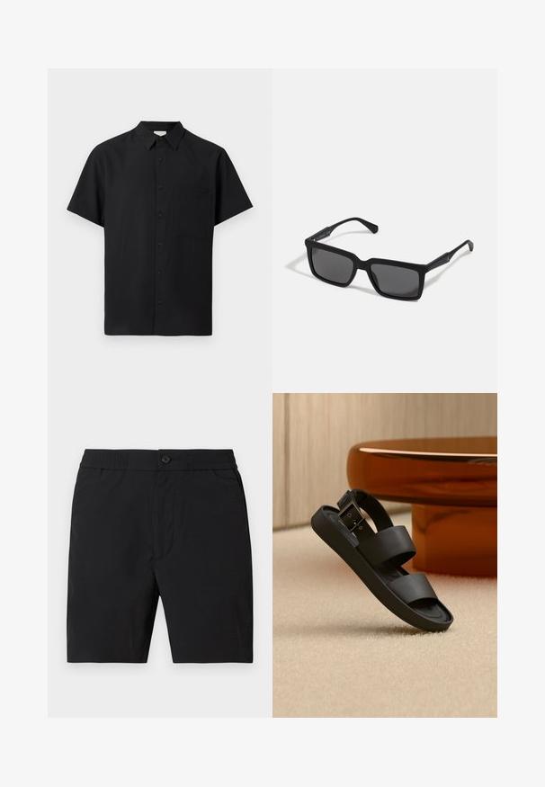 Chemise noire à manches courtes avec col et une seule poche poitrine, affichée sur un fond clair uni.; Shorts mi-longs pour hommes noirs avec taille élastique, fermeture par bouton et poches latérales, présentés sur un fond uni.; Sandale noire avec double brides et une boucle sur un tapis beige, à côté d'une table ronde de couleur ambre dans une pièce aux tons neutres.; Lunettes de soleil noires avec des verres rectangulaires, finition mate, épaisses montures et branches fines comprenant un subtil détail de marque.