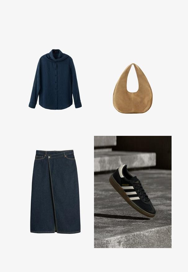 Marineblå langærmet skjorte med knapper, hvide lodrette nålestriber og en bred, draperet krave.; Denim nederdel i mørk navyblå, midi-længde, med et omslagdesign, synlige sømme i en kontrastfarve og en slids foran.; Sort Adidas-sneaker med hvide striber og gummisåler, svævende over grå betontrapper i naturligt lys.; Tanfarvet ruskinds-hobo-taske med bred, rundet krop og enkelt fladt håndtag, vist mod en ensfarvet hvid baggrund.