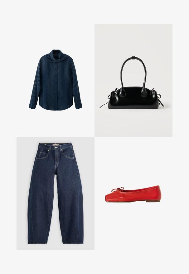 Marineblå langærmet skjorte med knapper, hvide lodrette nålestriber og en bred, draperet krave.; Mørkeblå denim jeans med løs pasform, lyse syninger, fem lommer og en knaplukning ved taljen.; Røde læder balletflade sko med firkantet tå, dekoreret sløjfe på forsiden og en lav, rund hæl. Glat tekstur og enkelt design.; Lille sort blank håndtaske med to lange håndtag og snøre-detaljer i siden på en ensfarvet lys baggrund.