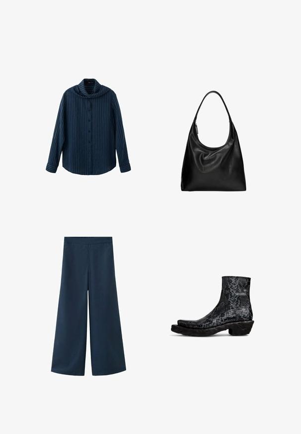 Marineblauw overhemd met lange mouwen, witte verticale krijtstreepjes en een brede, vallende kraag.; Marineblauwe wijde broek met een elastische tailleband. Gemaakt van een glad, lichtgewicht stof, met een ontspannen silhouet en zonder zichtbare naden.; Zwarte enkellaarsjes met pythonprint, een gestructureerde bovenkant en een chunky zwarte rubberen zool. Beschikt over een ronde neus en een laag schachtontwerp.; Zwarte leren hobo tas met een gebogen, zachte vorm en een enkel schouderband. Beschikt over een ritssluiting en een gladde, glanzende textuur.