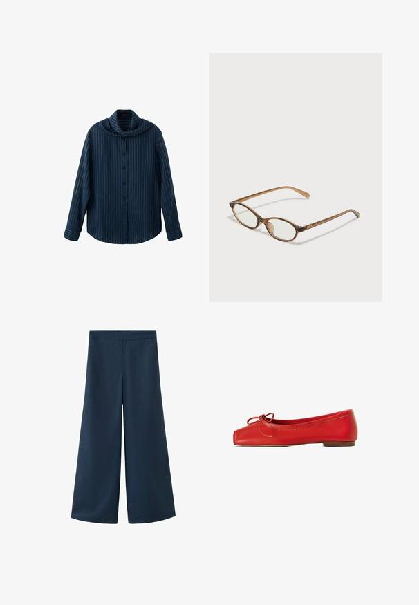 Marineblauw overhemd met lange mouwen, witte verticale krijtstreepjes en een brede, vallende kraag.; Marineblauwe wijde broek met een elastische tailleband. Gemaakt van een glad, lichtgewicht stof, met een ontspannen silhouet en zonder zichtbare naden.; Rode leren balletschoenen met een vierkante neus, decoratieve strik aan de voorkant en een lage, afgeronde hak. Glad textuur en eenvoudig ontwerp.; Bruine schildpadbril met ovale lenzen, dunne armen en transparante accenten. Heeft een subtiele logo op de tempel. Strak, lichtgewicht ontwerp.