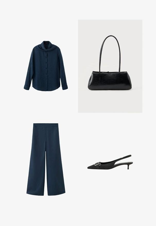 Chemise bleu marine à manches longues avec des rayures verticales blanches fines et un col large drapé.; Pantalon large bleu marine avec une taille élastique. Confectionné dans un tissu lisse et léger, doté d'une silhouette décontractée et sans coutures visibles.; Escarpin slingback en tissu noir avec bout pointu, doté d'une boucle carrée décorative et d'un talon kitten. Texture lisse et design minimaliste.; Sac à épaule rectangulaire noir avec de longues bretelles fines et une texture lisse et brillante sur un fond uni.