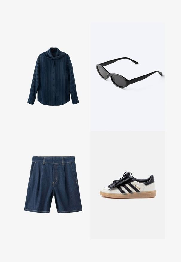 Marineblauw overhemd met lange mouwen, witte verticale krijtstreepjes en een brede, vallende kraag.; Donkerblauwe denimshorts met riemlussen, voorzakken en gele stiksels, afgebeeld tegen een witte achtergrond.; Witte en zwarte Adidas Spezial sneaker met een gumzool, zwarte strepen en een zwarte veterhoes op een effen lichte achtergrond.; Strakke zwarte ovale zonnebril met donkere glazen en rechte pootjes, rustend op een wit oppervlak.