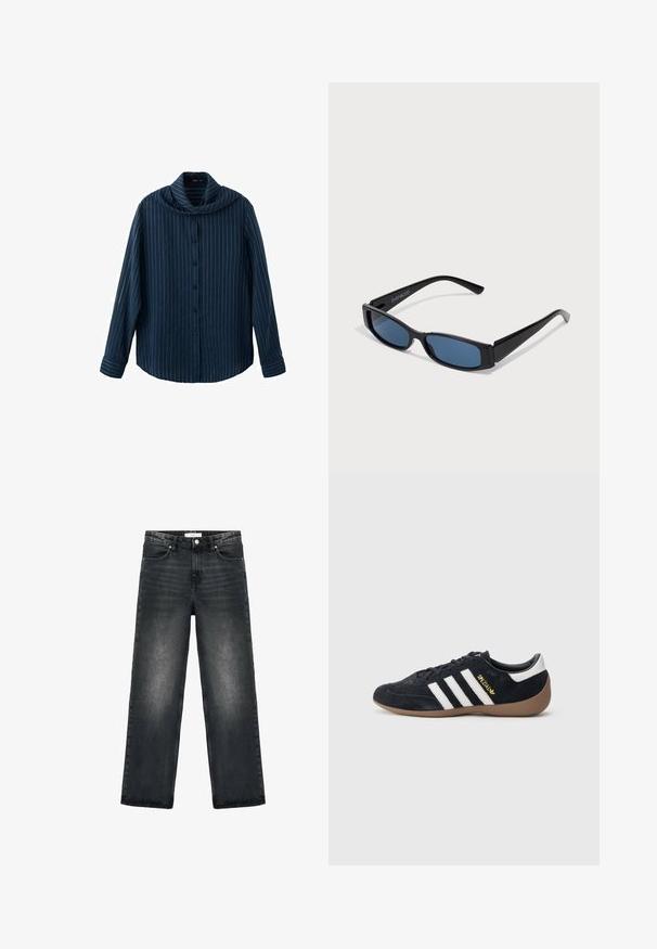 Marineblaue, langärmlige Hemdjacke mit weißen vertikalen Nadelstreifen und einem breiten, drapierten Kragen.; Schwarze Jeans aus Denim mit lockerer Passform, geraden Beinen und leichter Ausbleichung. Verfügt über einen Knopfverschluss und ein fünf Taschen-Design für Funktionalität.; Schwarzer Veloursleder-Sneaker mit drei weißen Streifen, Gummisohle und einem kleinen goldenen Logo an der Seite. Verfügt über ein glattes schwarzes Innenfutter.; Schwarze Sonnenbrille mit einem eleganten rechteckigen Rahmen und blauen Gläsern. Besitzt eine glatte Oberfläche und robuste Scharniere. Markenlogo an der Seite.