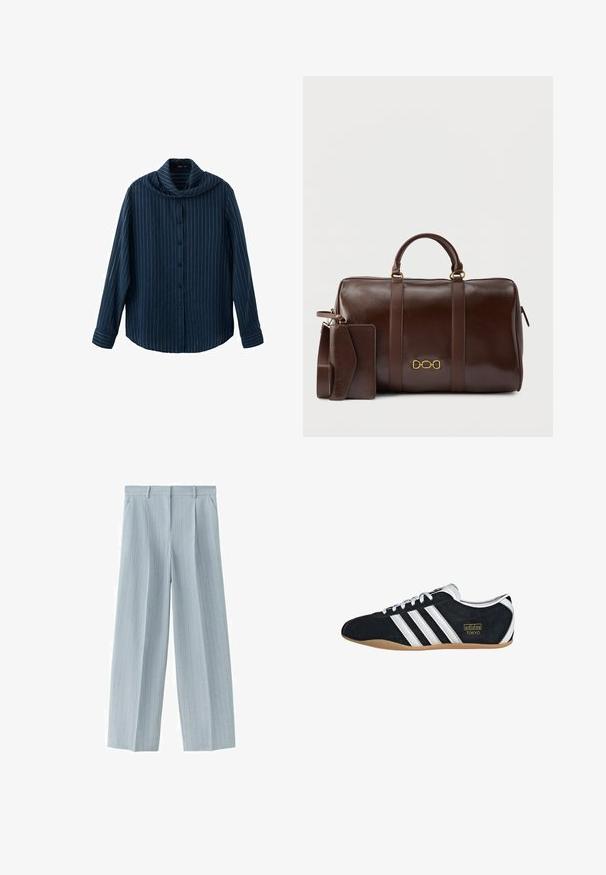 Chemise bleu marine à manches longues avec des rayures verticales blanches fines et un col large drapé.; Pantalon tailleur bleu clair à fines rayures, avec passants de ceinture, poches latérales et fermeture éclair à l'avant.; Sneakers en suede noir avec trois bandes blanches, logo doré et semelle en caoutchouc marron. Présente un design à lacets à profil bas.; Sac de voyage en cuir brun foncé avec double poignées, un emblème en chaîne dorée, et une étiquette de bagage en cuir assortie ainsi qu'une sangle attachée.