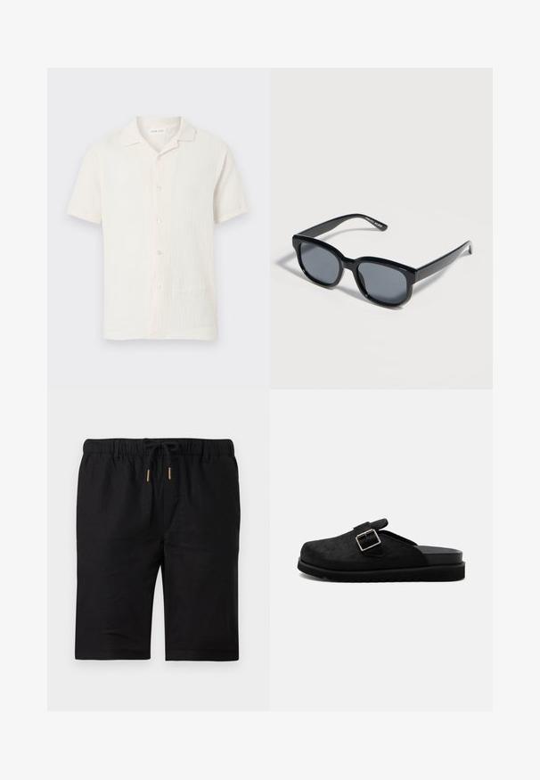 Camisa blanca de manga corta con botones, tejido texturizado y cuello pequeño y puntiagudo, mostrada sobre un fondo claro y simple.; Pantalones cortos negros hasta la rodilla con cintura elástica, cordón negro con puntas de metal dorado y trabillas para cinturón sobre un fondo blanco.; Zueco negro tipo slip-on con parte superior texturizada, correa con hebilla plateada y suela gruesa estriada, mostrado de perfil sobre fondo blanco.; Gafas de sol rectangulares negras con lentes oscuras y montura gruesa, colocadas sobre una superficie clara.