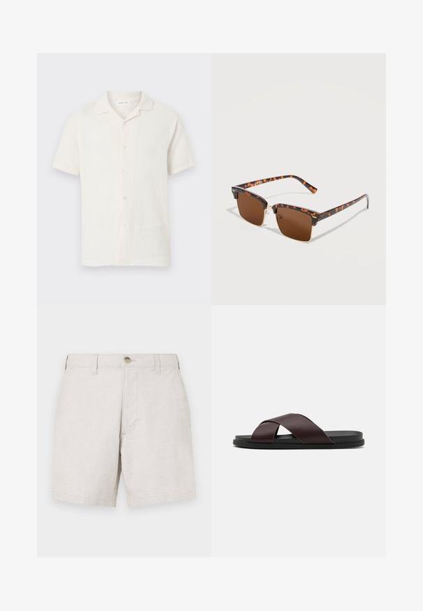 Camisa blanca de manga corta con botones, tejido texturizado y cuello pequeño y puntiagudo, mostrada sobre un fondo claro y simple.; Shorts de lino beige con corte recto, con cierre frontal de botón, presillas para cinturón y dos bolsillos laterales. Tejido texturizado.; Sandalia deslizante de tiras cruzadas en color marrón con acabado mate, suela negra plana y textura suave. Diseño minimalista sin herrajes visibles.; Gafas de sol cuadradas con montura carey, lentes marrones y delgados detalles metálicos en dorado, exhibidas sobre una superficie blanca.