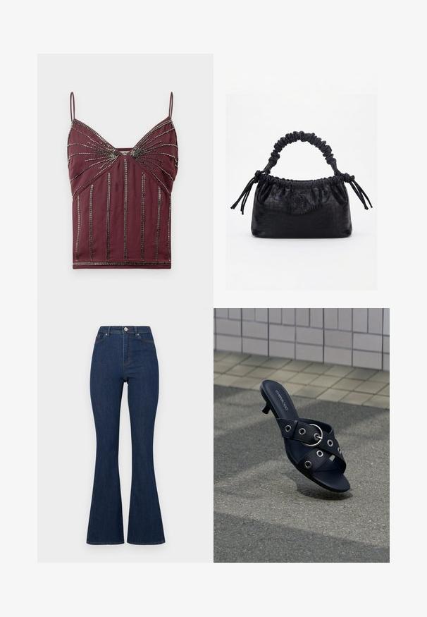 Burgunderfarvet cami-top med tynde stropper, perledekorationer og lodrette linjer. Blødt stof med en tætsiddende pasform og teksturerede detaljer.; Mørkeblå denim flared jeans med høj talje, der har lynlås og knap samt diskret syninger langs sømmene.; Sort hælsandal med krydsede stropper med sølvøjer og en rund spænde, placeret på tekstureret fortov nær flisevæg.; Sort taske med krokodilletekstur, rynket øverste kant, samlet hank og snore med kvaster på hver side mod en hvid baggrund.