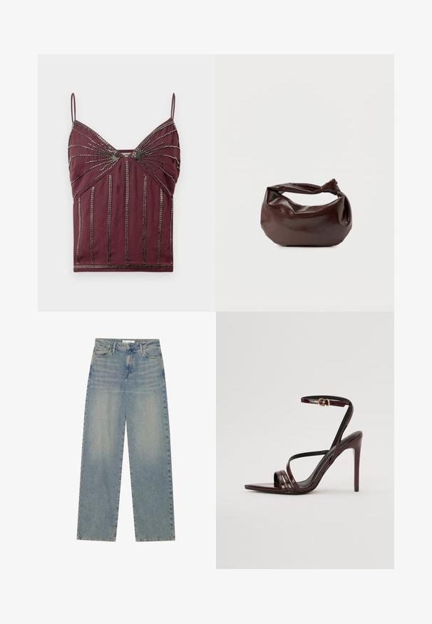 Bordeaux camisole met dunne bandjes, bewerkte embellishments en verticale lijnen. Zachte stof met een aangesloten ontwerp en textuurdetails.; Lichtblauwe high-waist spijkerbroek met rechte pijpen, voorzakken, riemlussen en zichtbare knoop- en ritssluiting.; Bordeaux gepatineerde leren hoge hakken sandaal met een enkelbandje, puntige neus en drie horizontale banden over de voet. Details met gouden gesp.; Donkerbruine leren schoudertas met een zachte, slungelige vorm en een gedraaide knoopvormige handgreep op een effen witte achtergrond.