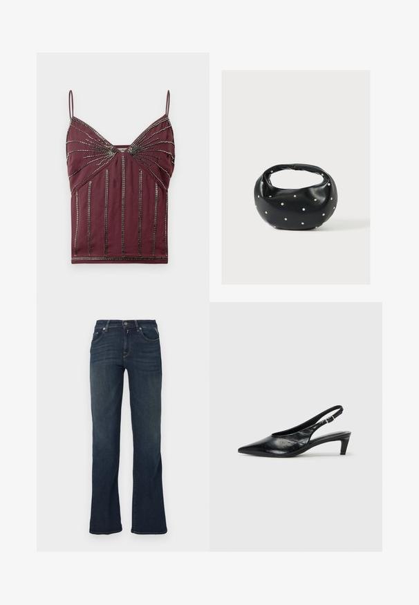Camisole bordeaux à fines bretelles, avec des embellissements en perles et des lignes verticales. Tissu doux avec une coupe ajustée et des détails texturés.; Jean en denim bleu foncé avec un design à jambe évasée, comportant cinq poches et des détails de couture contrastants. Texture lisse et taille standard.; Escarpin à bride arrière en cuir noir avec un bout pointu, un petit talon et une sangle à boucle réglable. Texture lisse avec un minimalisme dans les détails.; Sac à main en cuir noir de forme arrondie, décoré de clous argentés et équipé d'une poignée courte. Texture lisse et fermeture éclair.