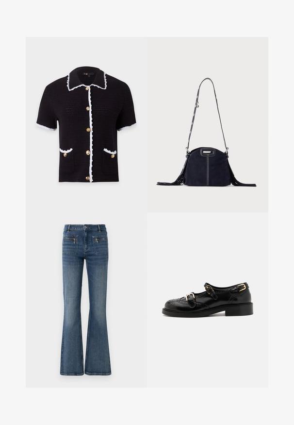 Sort kortærmet strikket cardigan med hvide kanter, guldknapper foran, to forlommer og en bred krave med hvide kanter.; Blå denim jeans med flare ben og en middelhøj talje, med for- og baglommer samt en subtil falmet vask.; Sorte lædersko med brogue-detaljer, der har to spænder, rund tå og lav hæl. Glat tekstur med blank finish.; Mørkeblå ruskindstaske med hvide syninger, et udskåret håndtag, mønstret skulderrem og lange frynser på begge sider.