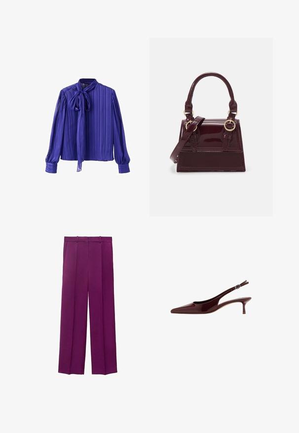 Purple, sheer blouse with vertical stripes, tied neck detail, long puffed sleeves, and buttoned cuffs. Smooth texture and loose fit.; Purple wide-leg trousers made from smooth fabric, featuring a tailored waistband and two front pleats for added structure.; Glossy dark brown slingback kitten heel shoe with pointed toe and adjustable buckle strap.; Burgundy patent leather handbag with a structured shape, dual handle, and adjustable strap. Features gold-tone hardware and stitched accents.