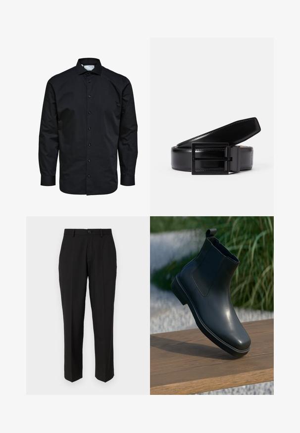 Chemise noire pour homme à manches longues avec boutonnage sur le devant et col classique, en tissu lisse.; Pantalon noir en tissu lisse, présentant une coupe droite, des poches avant, un bouton simple de fermeture et sans motifs visibles.; Bottine en cuir noir avec une surface lisse, des côtés élastiques et une languette de tirage boucle, posée sur une surface en bois avec un arrière-plan flou.; Ceinture en cuir noir avec une finition lisse, dotée d'une boucle en métal noir carré. La ceinture présente des coutures discrètes et un design classique.