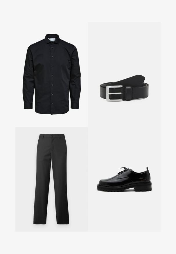 Herre langærmet sort skjorte med knaplukning foran og klassisk krave, lavet af glat stof.; Samsøe Samsøe SAJOHNNY TROUSERS - Bukser - turkish coffee; Sort poleret læder snørestøvle med tyk gummisål og lav hæl, sideskilt med mærketekst "SAMSOE" og bageste træksnor.; Sort læderbælte med en glat overflade, sølv rektangulær spænde og en løkke til enden. Har pæne stikninger langs kanterne.