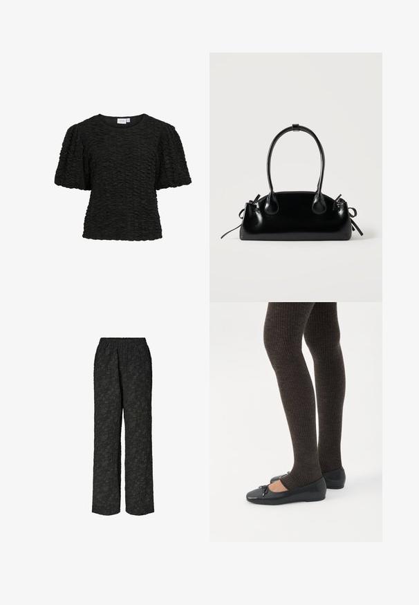 Haut noir à manches courtes avec un design texturé et froncé. Col rond et coupe ample. Le tissu semble doux et légèrement extensible.; Pantalons noirs à jambes larges avec une taille élastique, fabriqués en tissu texturé présentant un motif froncé sur toute la surface.; Jambes portant des leggings côtelés foncés associés à des ballerines noires avec de petits détails en nœud sur fond blanc.; Petit sac à main noir brillant avec deux longues anses et des détails à cordon sur les côtés sur un fond clair uni.