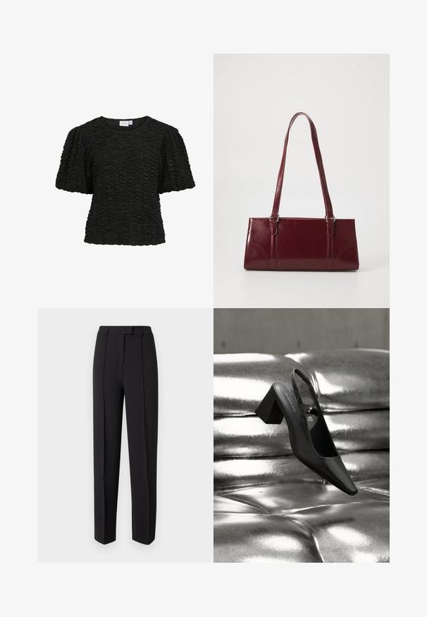 Haut noir à manches courtes avec un design texturé et froncé. Col rond et coupe ample. Le tissu semble doux et légèrement extensible.; Pantalon noir taillé avec une texture lisse, présentant une coupe droite, des passants pour ceinture et deux plis avant pour plus de détails.; Escarpin noir à bride arrière avec bout pointu, présentant une surface texturée et un talon bloc épais. Posé sur un fond métallique brillant.; Sac à main bordeaux en matériau brillant, de forme rectangulaire, avec deux anses et des accents légèrement courbés à l'avant.