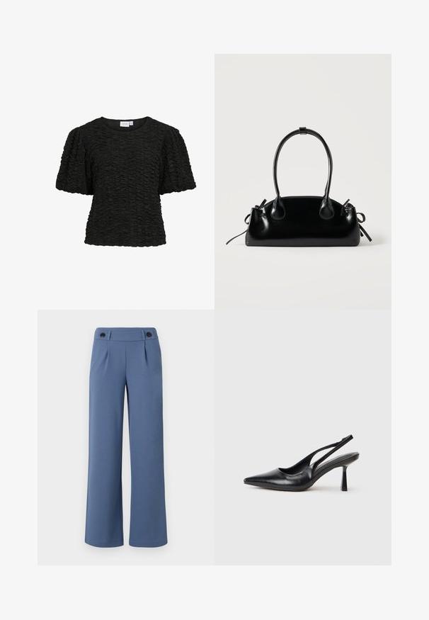 Sort kortærmet top med en tekstureret, rynket design. Rund halsudskæring og løs pasform. Stoffet ser blødt og lidt strækbart ud.; Blå vide bukser lavet af glat stof, der har en flad front, to læg og to sorte knapper i taljen.; Sort læderslagback højhælet sko med spids tå og slank hæl på en hvid baggrund.; Lille sort blank håndtaske med to lange håndtag og snøre-detaljer i siden på en ensfarvet lys baggrund.
