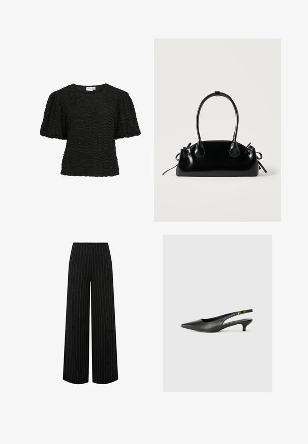 Haut noir à manches courtes avec un design texturé et froncé. Col rond et coupe ample. Le tissu semble doux et légèrement extensible.; Pantalon noir à jambes larges avec des fines rayures verticales blanches et une taille haute, présenté à plat sur un fond blanc.; Chaussure slingback noire à bout pointu en cuir lisse. Présente un talon fin et un détail de boucle sur la sangle réglable.; Petit sac à main noir brillant avec deux longues anses et des détails à cordon sur les côtés sur un fond clair uni.