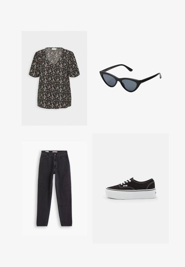 JDY JDYVIOLET LIFE VNECK - Μπλούζα - black; Μαύρα τζην με ίσια γραμμή, διαθέτουν πέντε τσέπες, κλείσιμο με κουμπί μπροστά και ραμμένες λεπτομέρειες κατά μήκος των ραφών.; Μαύρο καστόρινο αθλητικό παπούτσι με λευκή καουτσούκ πλατφόρμα, που διαθέτει λευκές κορδόνες και ραφές, εμβληματική σήμανση στο πλάι, σε χαμηλό σχεδιασμό.; Μαύρα γυαλιά ηλίου cat-eye με σκούρους γκρίζους φακούς, κομψό πλαστικό σκελετό, μυτερές γωνίες και ίσιους βραχίονες. Χωρίς ορατό υλικό ή διακοσμητικά στοιχεία.