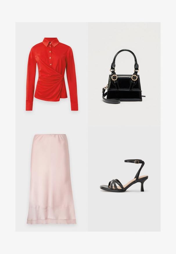 Rote Bluse mit langen Ärmeln, klassischem Kragen, goldenen Knöpfen vorne und einem gerafften, drapierten Detail an einer Seite der Taille.; Helle rosa Satin-Midischürze mit elastischem Bund und mehrlagigem Saumdetail, präsentiert auf einem schlichten weißen Hintergrund.; Schwarze Absatzsandalen mit mehreren dünnen Riemen über den Zehen, einem einzelnen Knöchelriemen mit goldener Schnalle und einer quadratischen Zehenform.; Schwarze Handtasche aus Lackleder mit goldfarbenen Beschlägen, doppelten Tragegriffen oben und verstellbarem Schulterriemen. Strukturiertes Design mit Akzentnähten.
